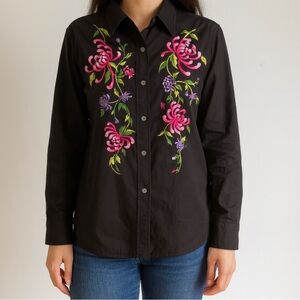 Women Black Shirt Long Sleeves Medium 100% Cotton Blaine Trump Embroidered